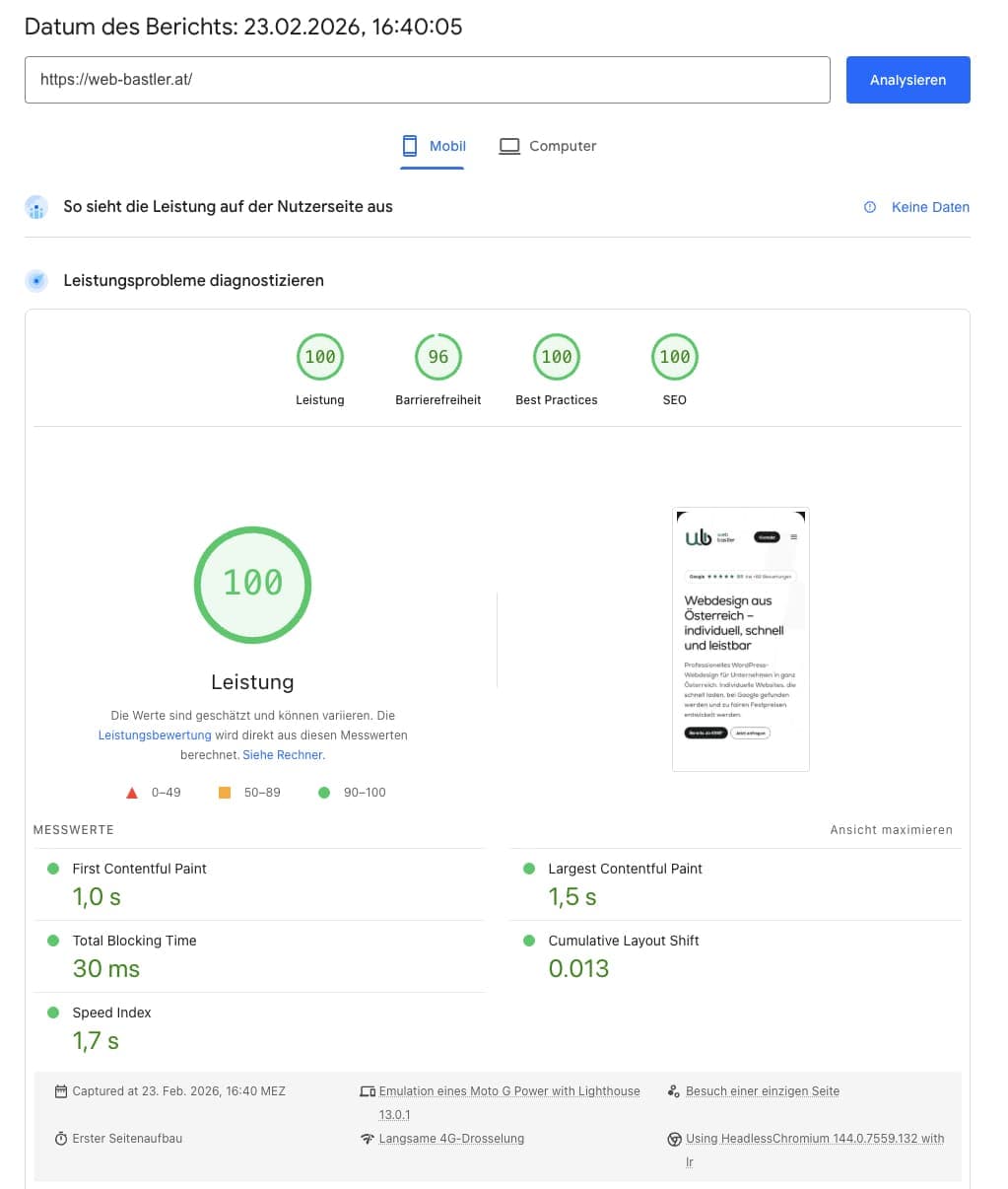 Google PageSpeed Insights Interface mit Core Web Vitals
