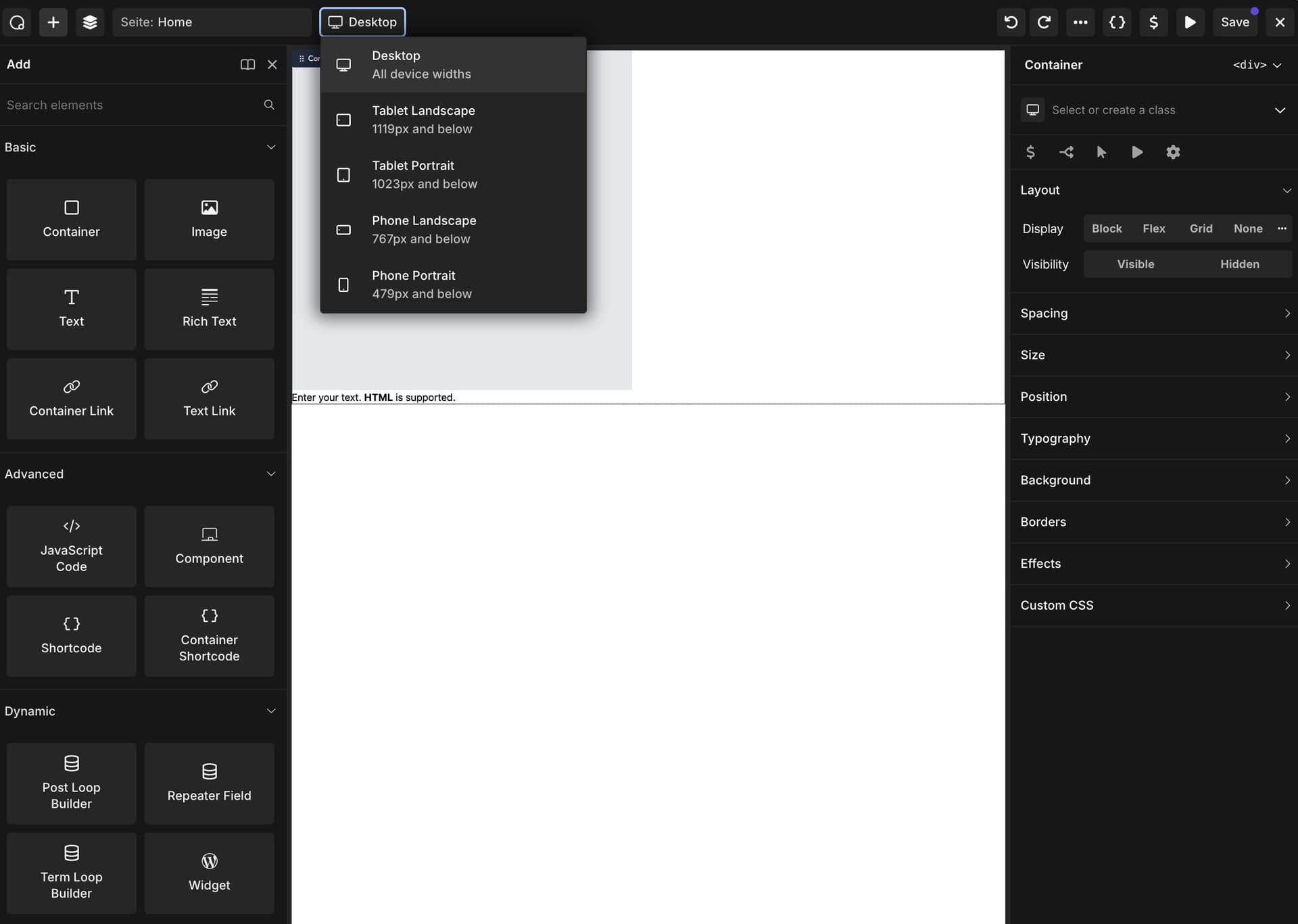 Oxygen 6.0 Responsive Design Visibility